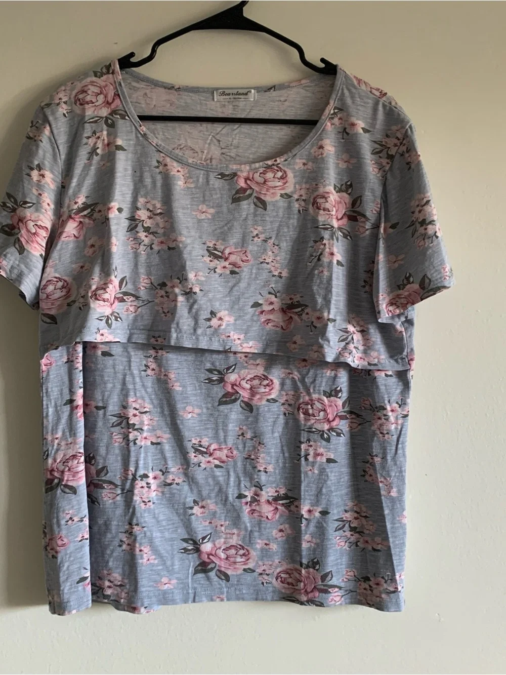 Bearsland Heather blue nursing top with Pink Rose Print - Picture 1 of 3